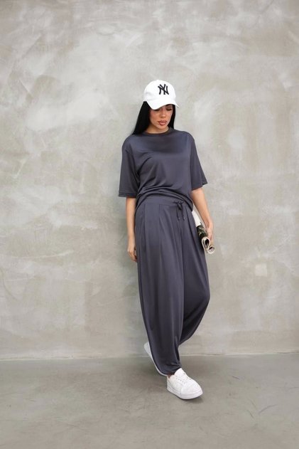Soft Textured Fabric Oversize Crew Neck T-Shirt Jogger Sweatpants Tracksuit Set-Anthracite