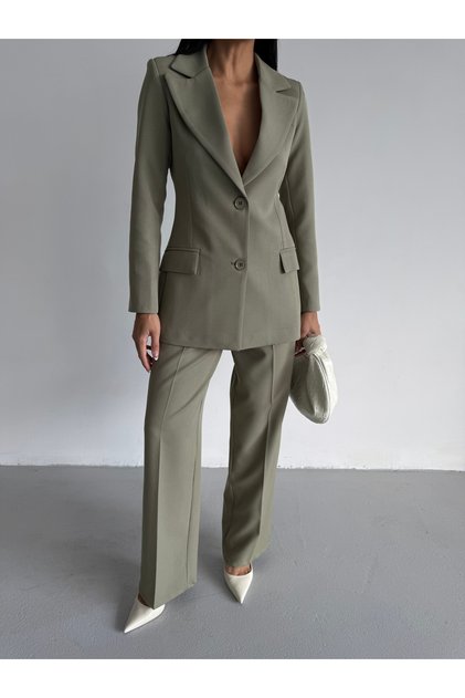 Women's Waist Fitted Slit Blazer Jacket Pants Set