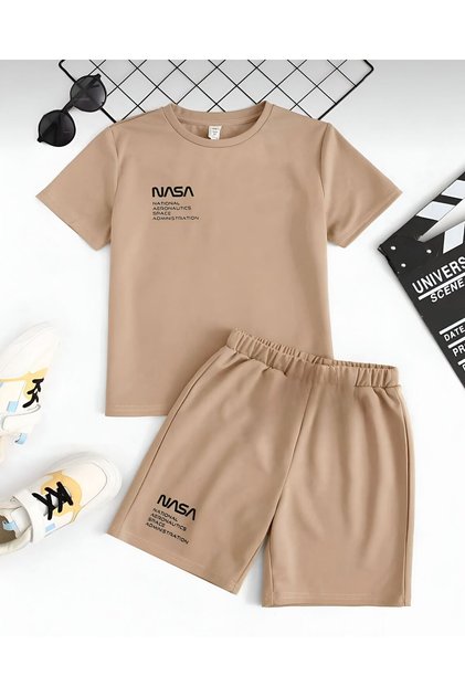 Beige children's nasa printed bottom with master shorts suit