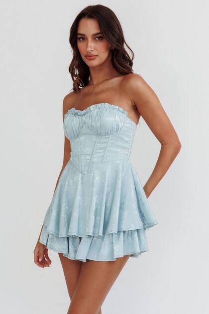Rochie mini evazată cu etaje, albastră, fără bretele, cu decolteu cu inimă