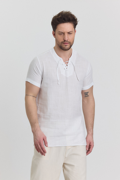 Men's Short Sleeve Shirt - Collar Rope Detail (Satched) - Alaçati Shirt - 4590