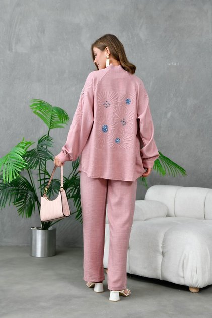Women's Two-Piece Kimono & Kaftan Top and Bottom Set with Sequin Embroidery Detail on Back and Sleeves