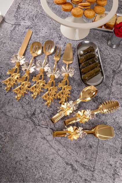 8-Piece Gold Serving Set with Butterfly Handles and Butterfly Tongs Set, 18/10 Stainless Steel