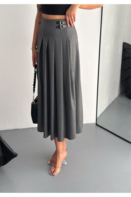 Skirt-Fold Long Skirt with Buckle and Slit /Max Long Skirt