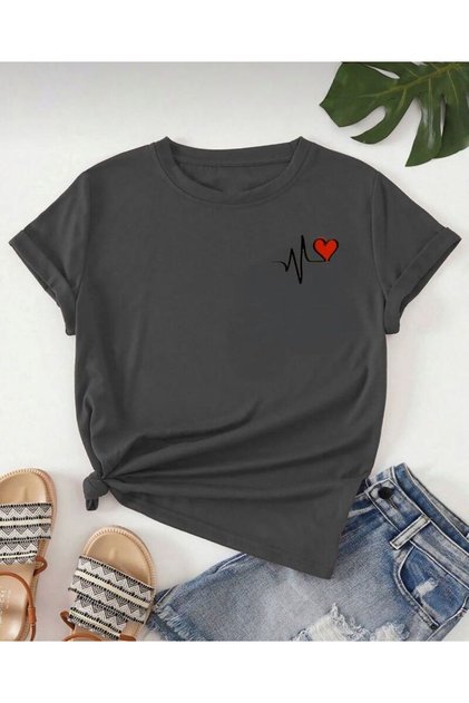 Oversize Heart Rhythm Printed Smoked Relaxed Cut T-Shirt Unisex