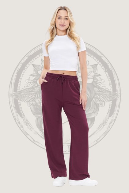 Burgundy Modal Fabric Wide Leg Women's Palazzo Sweatpants with Two Pockets, High Waist, Sports and Casual