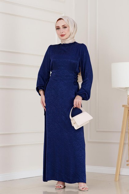Banu Side Lace-Up Satin Evening Dress-Navy Blue