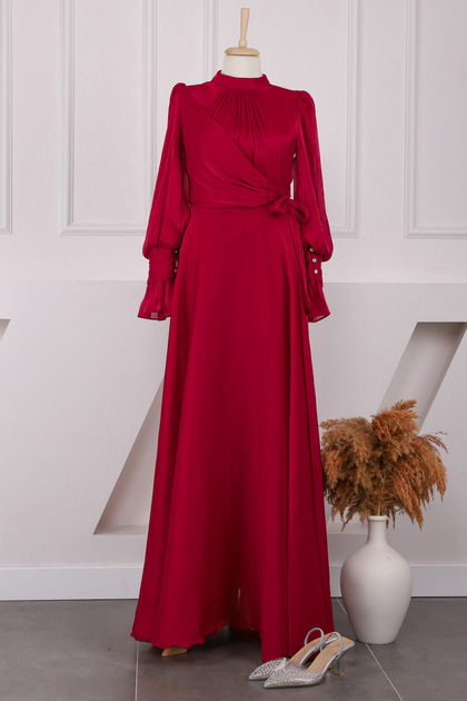 Burgundy Side Tie Sleeve Detailed Evening Dress