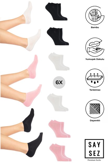 Bamboo Women's Sneaker Black-White-Pink Socks Seamless Invisible Ankle Sports Socks Premium 6-Pack