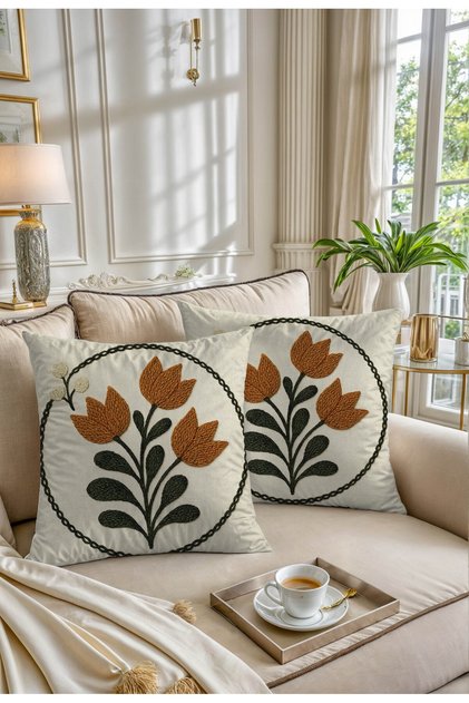 Embroidery Patterned Punch Background Digital Printed Autumn Themed Orange Green Colored 2-Piece Throw Pillow Cover