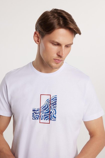 Men's Slim Fit Slim Fit 100% Cotton Soft Texture Printed White Crew Neck T-Shirt