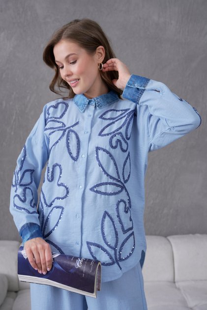 Women's Embroidered Denim Decorated Linen Shirt Double Set