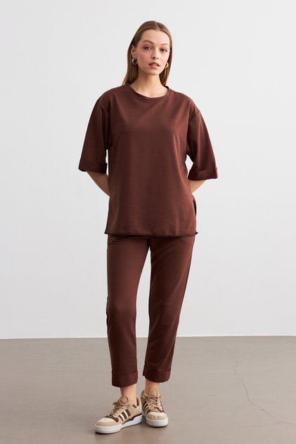 Women's Brown Crew Neck Double Sleeve and Leg Bottom Top Set