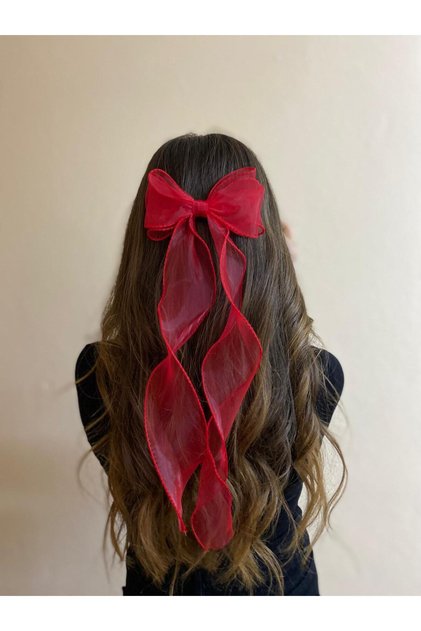 Red automatic clip-on long tail bow hair clip - perfect for ceremonies & events on april 23rd, may 19th, and october 29th.
