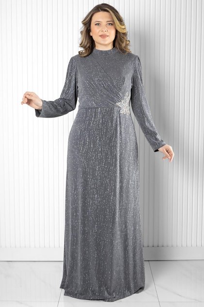 Stone Print Detailed Evening Dress Gray Tbsmda2522