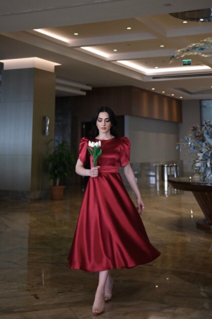 GNRDESGN Bordo Misha Flared Skirt Short Lotus Sleeve Boat Neck Evening  Dress/Dress- Trendyol