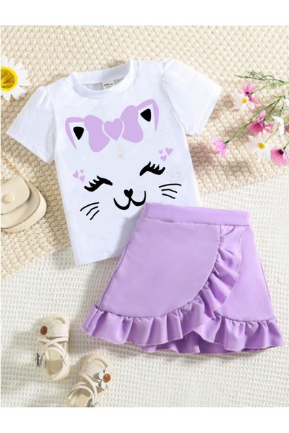 Girl's Ruffled Skirt Suit Ribbon Cat Printed