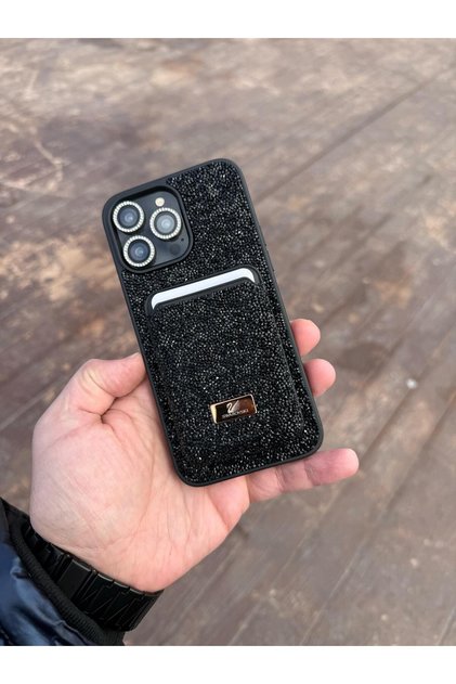 iPhone 13 Black Swrvski Stone Phone Case and Magsafe Credit Card Holder Wallet Set