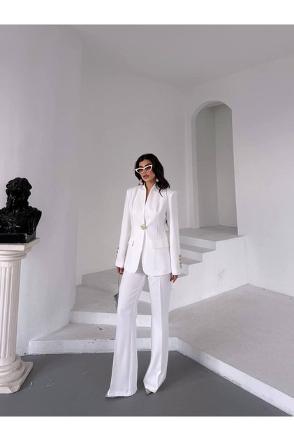 Women's Gold Button Detailed Suit White