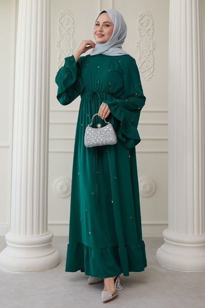 Stone Embellished Emerald Green Dress with Ruffled Sleeves