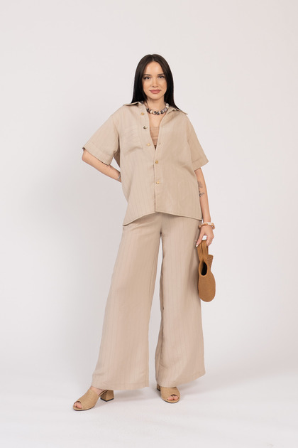 Women's Summer Beige Shirt with Back Slit Detail, Elastic Waist, Pocketed Trousers Set, Stylish, Casual, Comfortable, Two-Piece 70031