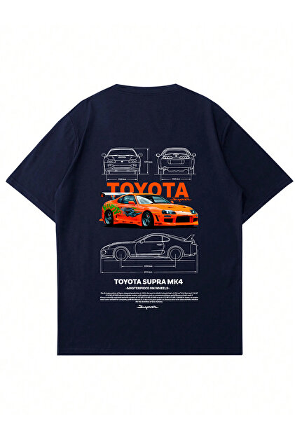 Mad&Calf Unisex Toyota Supra Baskılı Bisiklet Yaka Oversize Tshirt