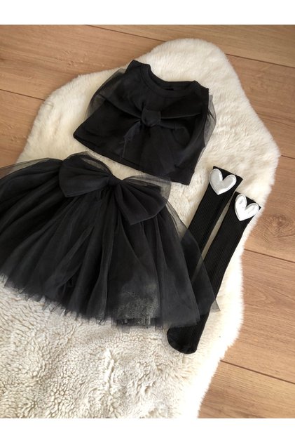 Girl's Black Tutu Skirt Tulle Crop and Socks Set