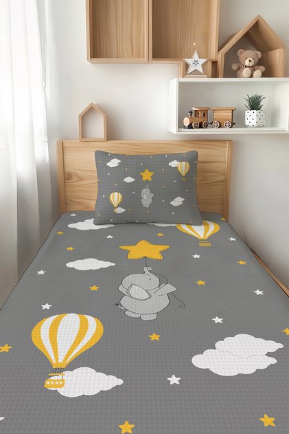 Gray Balloon Holding Patterned Single Child Pique Set Tlap-298