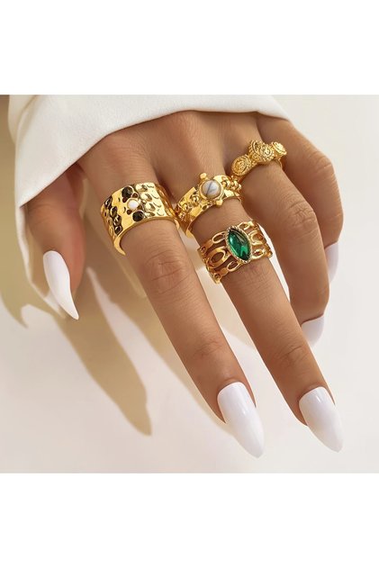 Crown 4 Adet Gold Renkli Yeşil Taşlı Retro & Vintage Tasarım Çoklu Altın Yüzük Seti