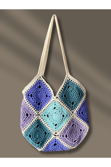Blue and Lilac Colored Summer Knitted Bag Motif Knitted Shoulder Bag