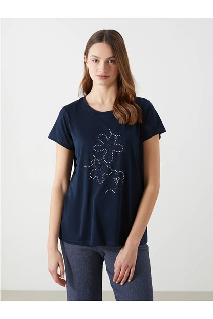 Lcwaikiki Classic Navy Blue Crew Neck Stone Women's T-Shirt