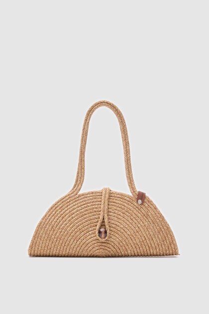 Paper Buttoned Handmade Straw Shoulder Bag Mink