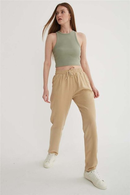 Comfortable Stretchy Tie-Waist Trousers Beige