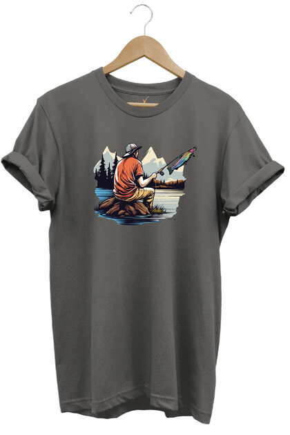 Fishing Fishing Printed Trout Hunting with Fishing Rod 100% Cotton Regular Fit Gray T-Shirt