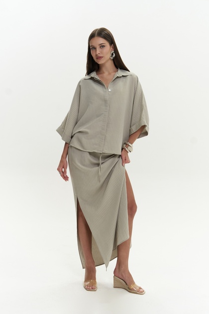 Dina Striped Shirt Skirt Soft Khaki Suit