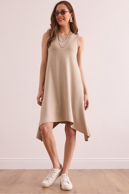 Women's Beige Soft Textured Sleeveless Bell Dress Elb- 19002376