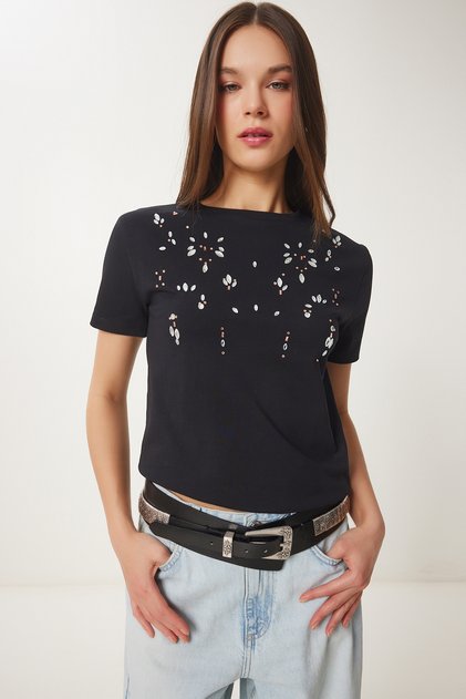 Women's Black Stylish Stoned Crop Knitted T-Shirt Jh00053