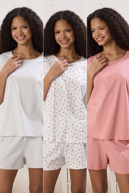 Çok Renkli 3'lü %100 Pamuklu Çiçekli Şortlu Örme Pijama Takımı THMSS25PT00419