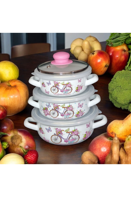 Enamel 3-Piece Cook, Hide Pots and Storage Container Set 9 Pieces