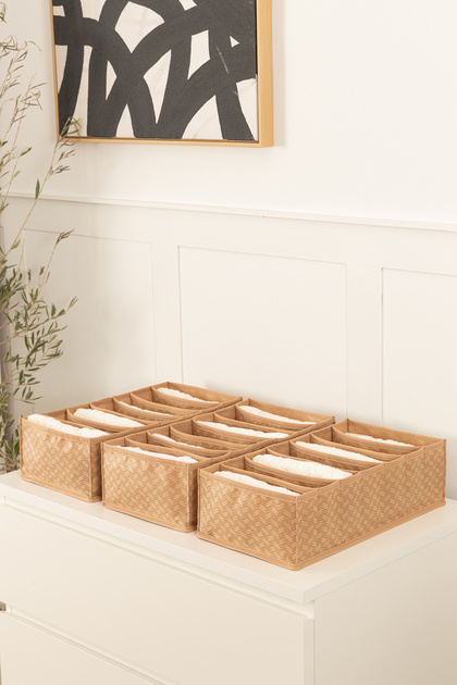 Set of 3 7 Compartments Beige Cabinet Drawer Accordion Folding Socks Laundry Organizer Organizer