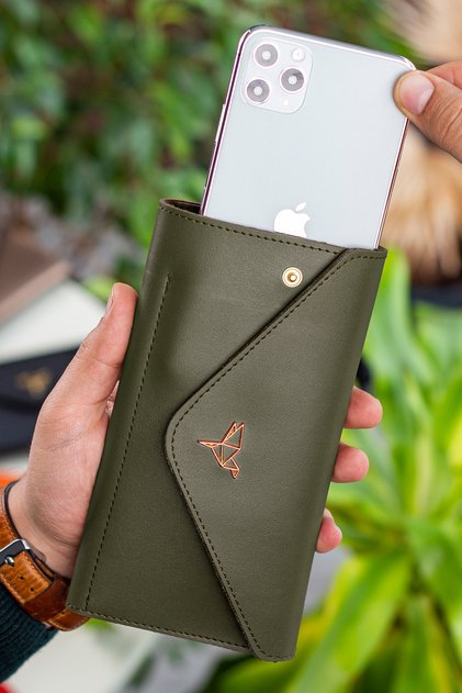 Envelope Telefon Ve Bozuk Para Bölmeli Zarf Model Haki Yeşil Kadın Cüzdan