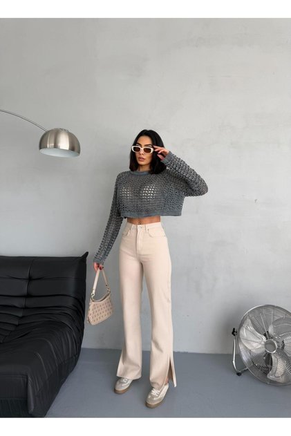 BEJ DENIM KUMAŞ YIRTMAÇ DETAYLI WİDE-LEG PANTOLON