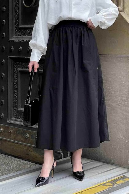 Pocket Detailed Flared Linen Skirt Black