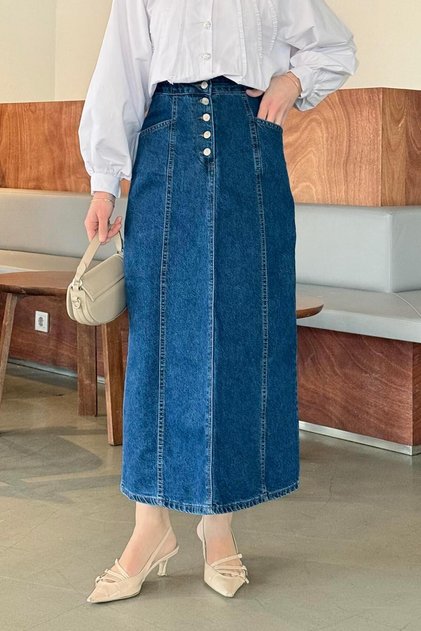 Button Detailed Cupped Hijab Denim Skirt Dark Blue