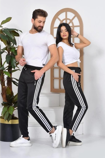 Makiteks Çizgili Scuba Kumaş Kadın Erkek Unisex Siyah Spor Eşofman Altı 3 Şeritli