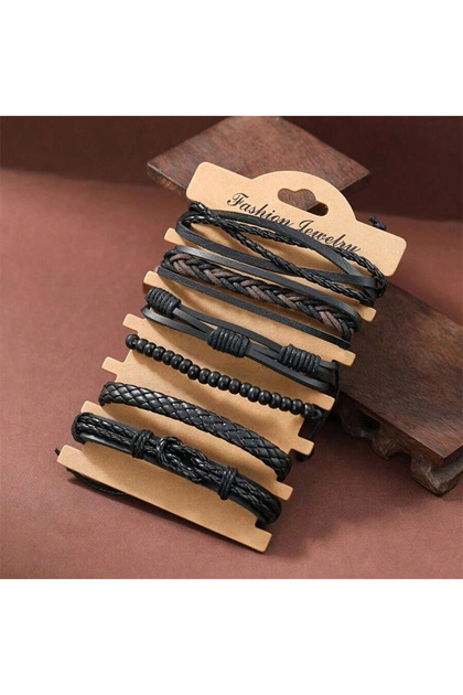 18.5cm 6pcs Men's PU Leather Punk Street Style Black Handmade Men Minimalist Twist Bracelet