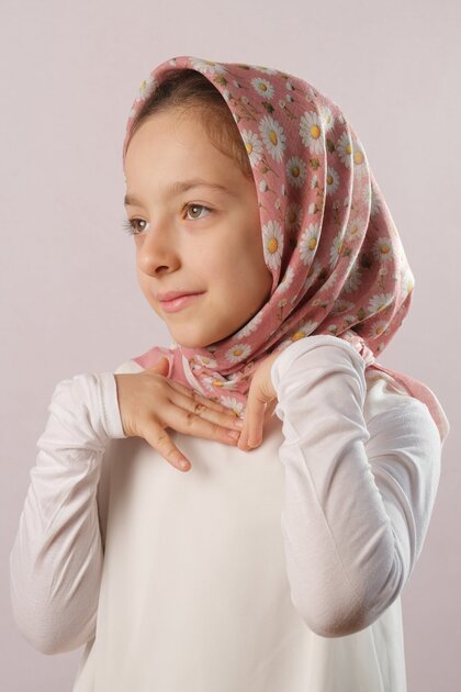 Dusty Rose Digital Printed Children's Hijab Scarf Cotton Polyester Daisy Patterned 6003_18
