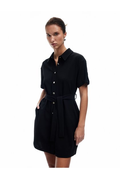 Crepe Scuba Fabric Girdle Detailed Buttoned Short Sleeve Polo Neck Mini Dress