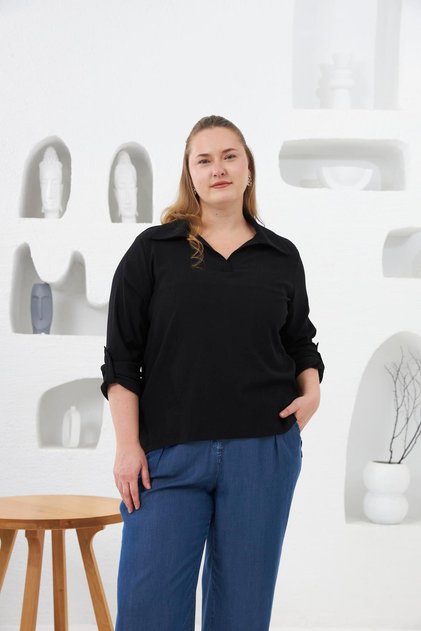 Bürümcük Fabric Large Size Black Blouse