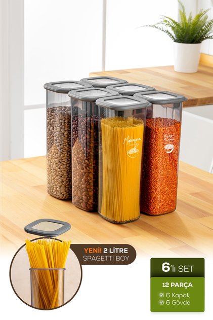 Silicone Lid, 6-Piece 2 Liter Container with Label for Storing Legumes, Anthracite